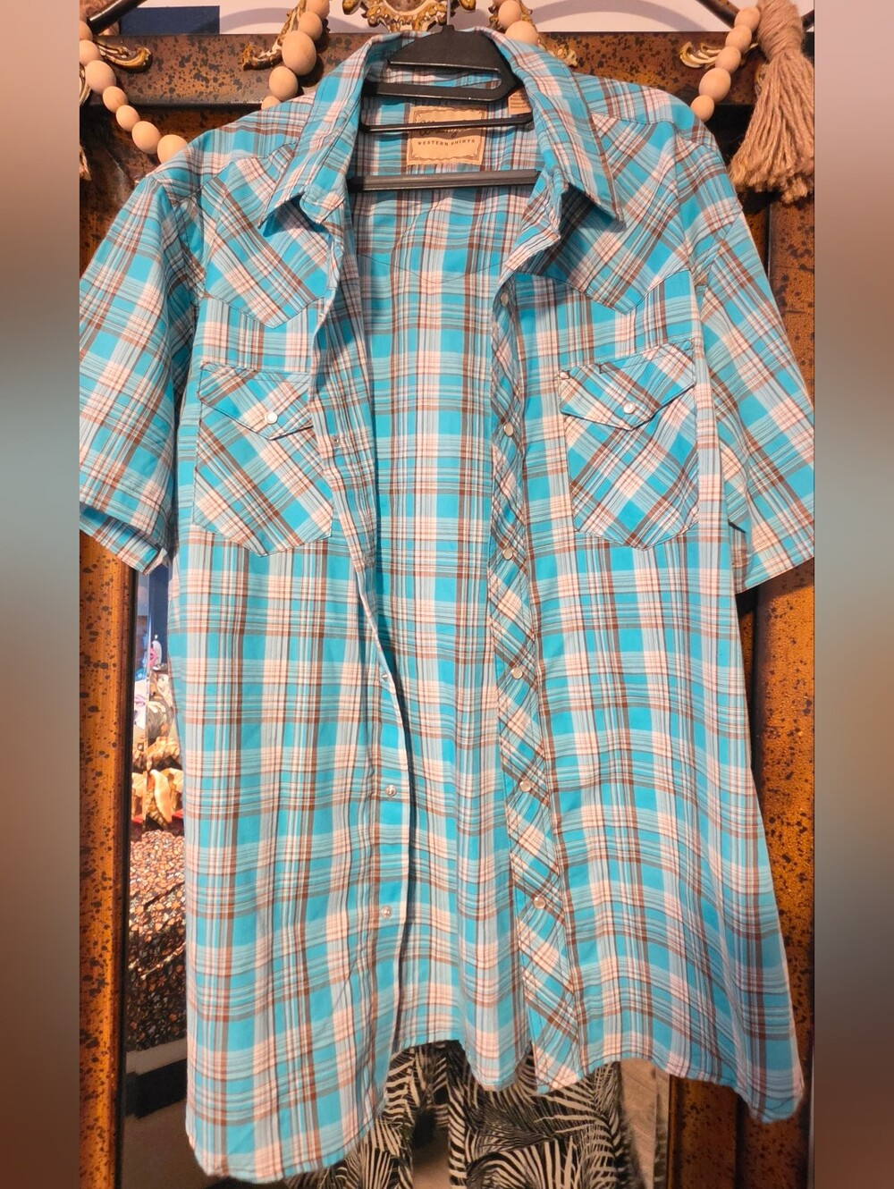 Wrangler Turquoise and White Plaid Short-Sleeve Button-Down Shirt